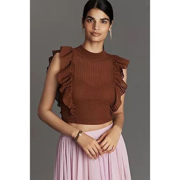$68 Maeve Anthropologie Crop Ruffle Mesh Top size medium - Picture 2 of 7